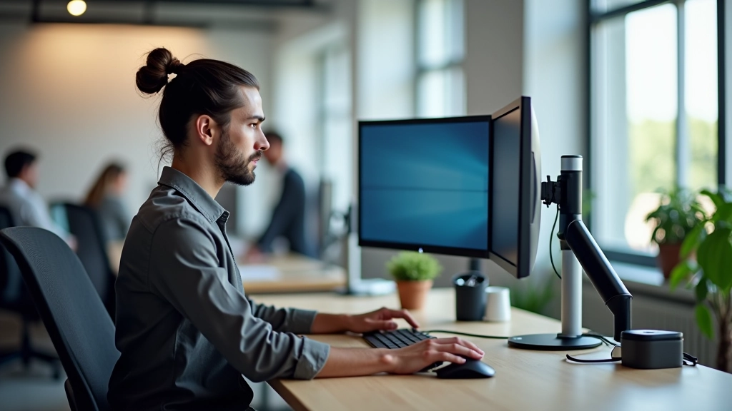 Scrivania con doppio monitor regolabile in altezza, vista laterale per mostrare la posizione corretta del corpo seduto