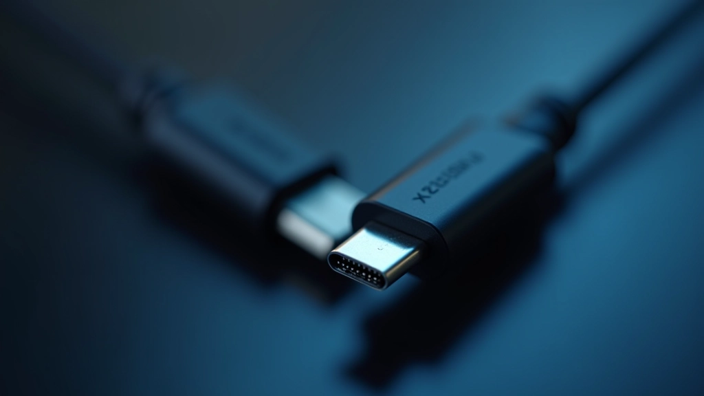 Cavo DisplayPort con connettore Type-A e Type-C, dettagli del pin di bloccaggio, confronto visivo con altri connettori, illuminazione professionale
