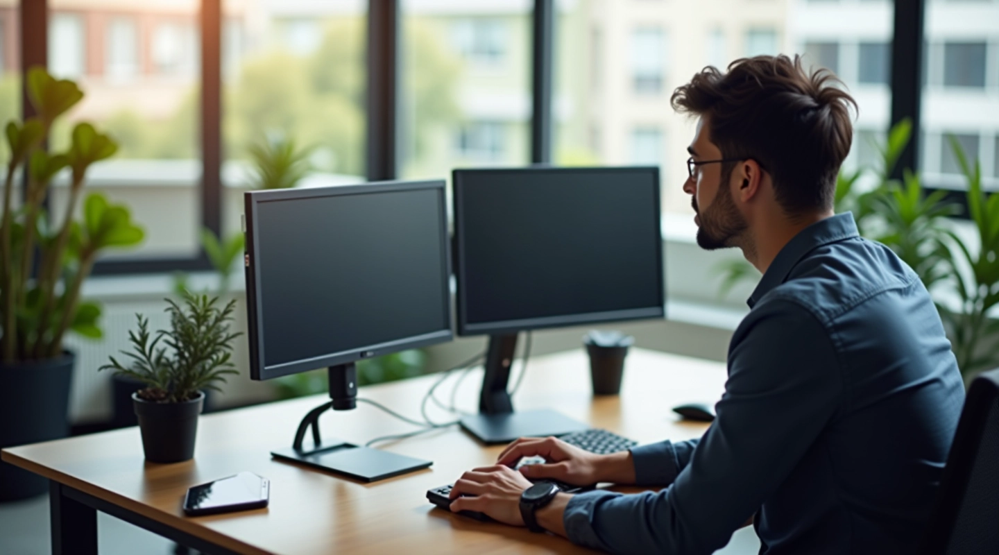Due monitor professionali su scrivania moderna con illuminazione naturale