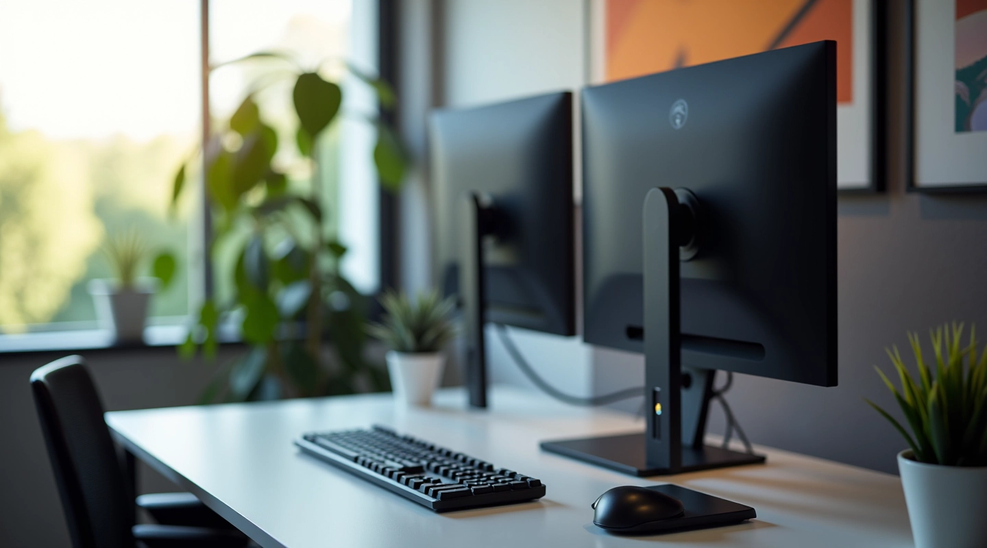 Due monitor professionali su una scrivania moderna con cornice nera, illuminazione naturale da finestra, setup pulito e ordinato