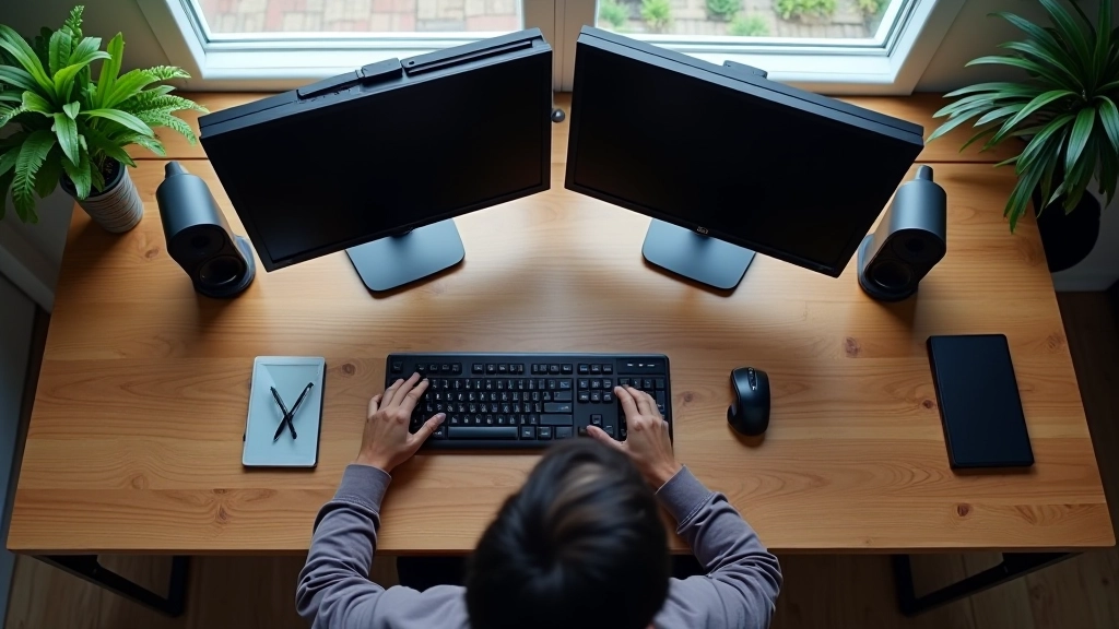 Postazione di lavoro ergonomica con doppio monitor, vista dall'alto, elementi ben organizzati su scrivania ampia