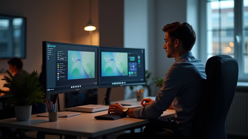 Spazio di lavoro ergonomico con due monitor, scrivania regolabile in altezza, sedia professionale, illuminazione adatta, ambiente produttivo