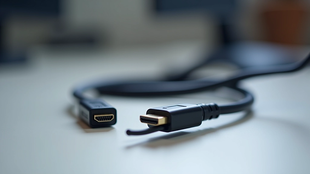 Cavi e connettori HDMI, DisplayPort su superficie neutra, organizzazione ordinata con etichette, illuminazione soft studio