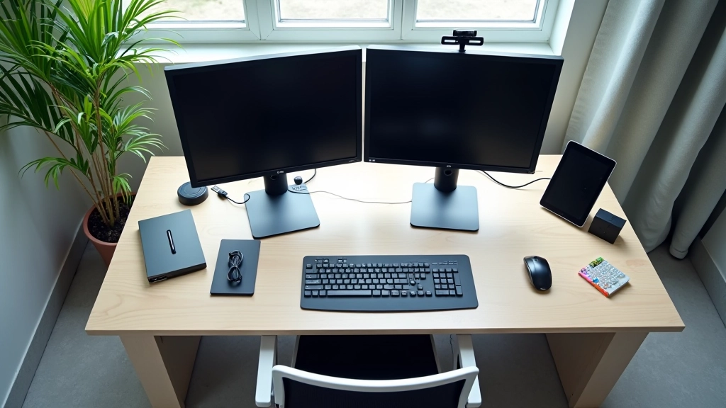 Uno spazio di lavoro con due monitor posizionati a una distanza corretta l'uno dall'altro, scrivania ampia e ben organizzata, niente oggetti ingombranti