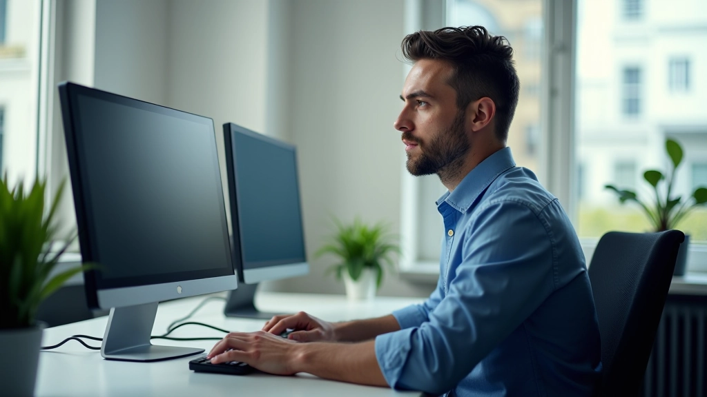 Una persona che lavora al computer con postura corretta, monitor all'altezza giusta, illuminazione naturale dalla finestra, scrivania ordinata con spazio sufficiente