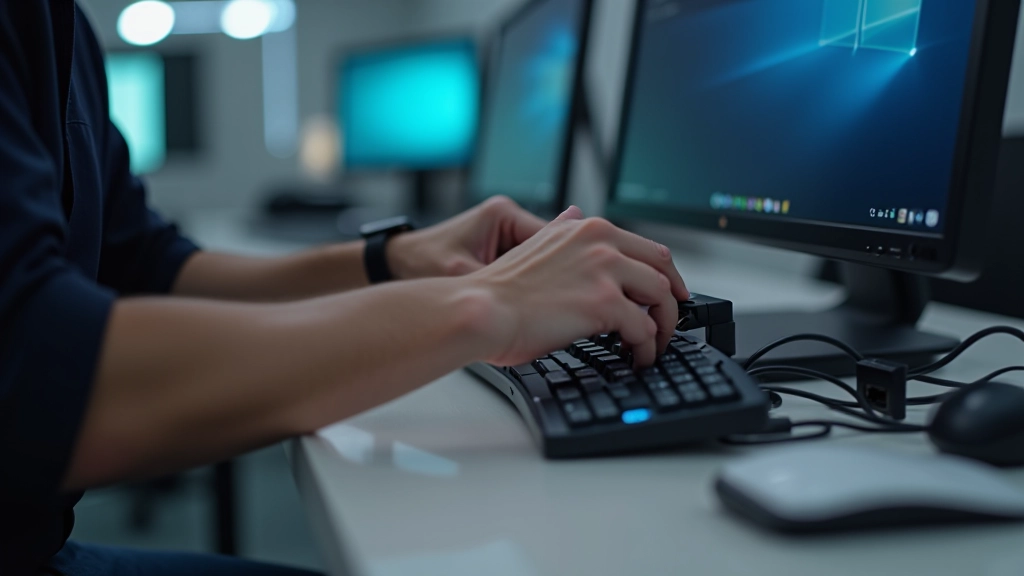 Persona che esamina i cavi di collegamento tra monitor e computer, setup tecnico professionale