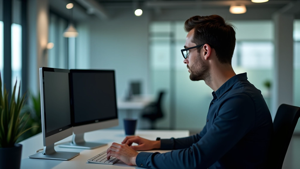 Persona che lavora con due monitor in postura corretta, scrivania ordinata