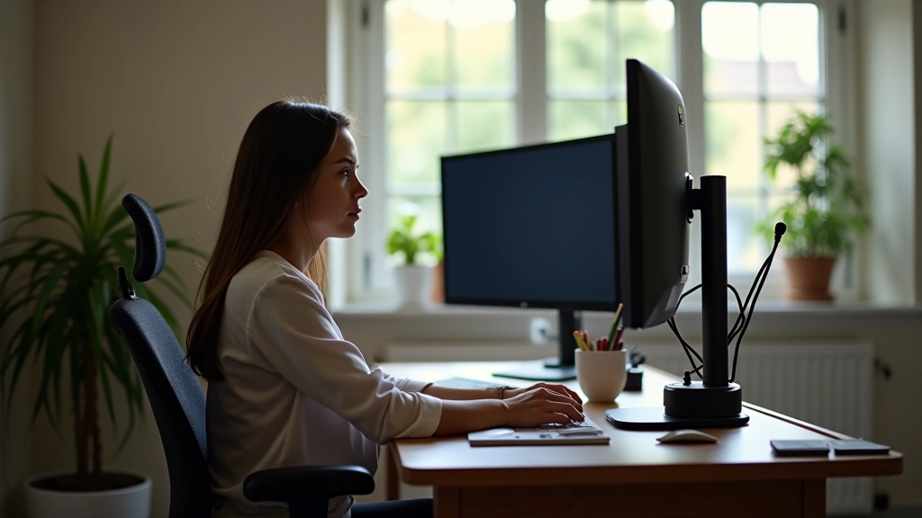 Vista laterale di una scrivania con monitor all'altezza corretta, persona seduta con postura eretta, livello degli occhi allineato con il bordo superiore dello schermo