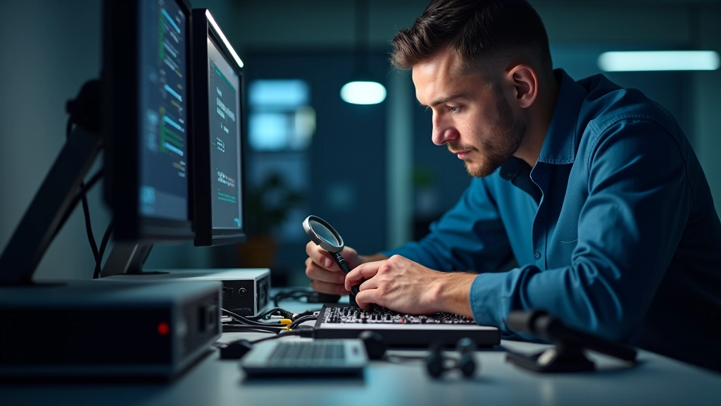 Tecnico professionista che esamina diversi cavi video con lente d'ingrandimento, tavolo di lavoro organizzato con campioni di connettori, illuminazione studio