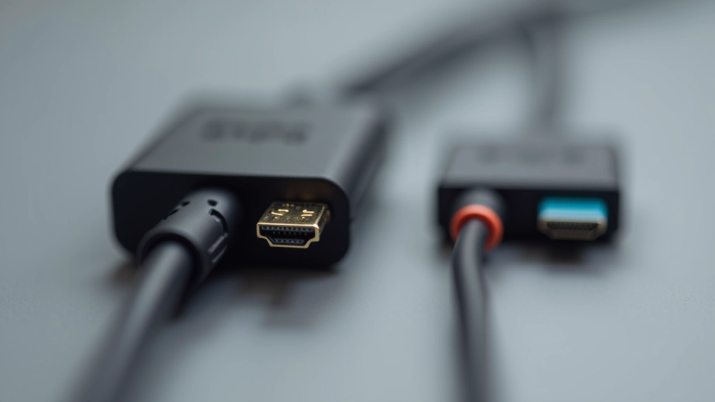Cavi HDMI in diverse versioni e colori, connettore HDMI Type-A in primo piano con marcature di versione, sfondo grigio neutro