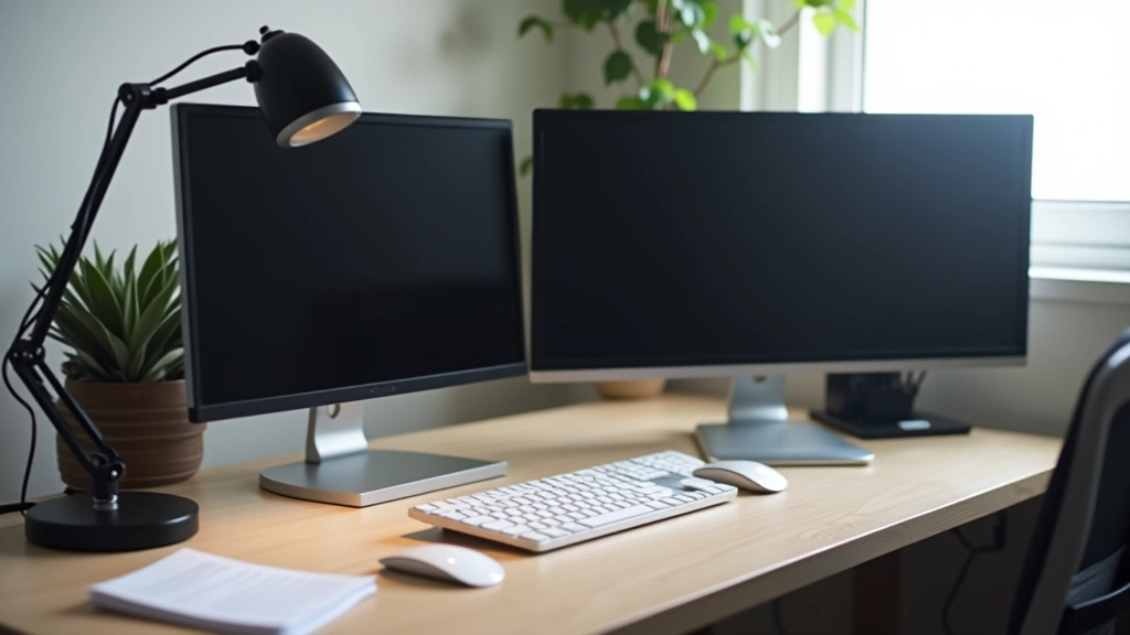 Scrivania organizzata con due monitor, tastiera, mouse, supporto documenti e illuminazione regolabile