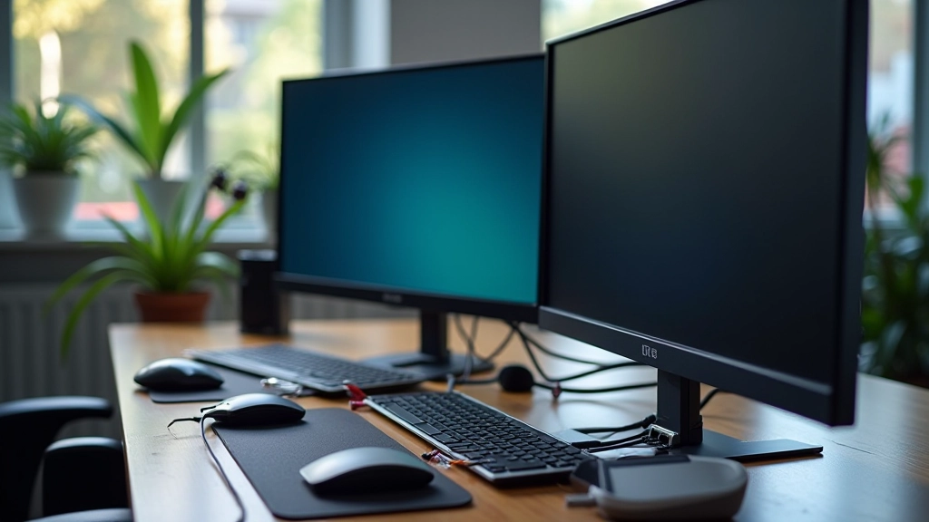 Scrivania con doppio monitor ben organizzata, cavi gestiti in canalette, fascette colorate, etichette chiare su connettori, vista laterale ordinata